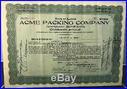 1921 Acme Packing Original Stock Certificate Green Bay Packers Original Sponsor