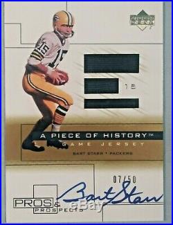 2001 Upper Deck Pros Prospects Piece of History Autographs Gold BART STARR 7/50