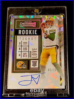 2020 CONTENDERS JORDAN LOVE CRACKED ICE ROOKIE TICKET ON-CARD AUTO RC #d 03/22