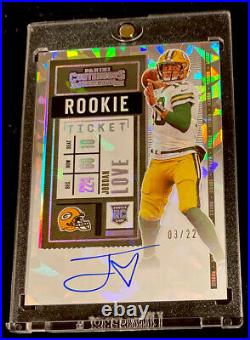 2020 CONTENDERS JORDAN LOVE CRACKED ICE ROOKIE TICKET ON-CARD AUTO RC #d 03/22