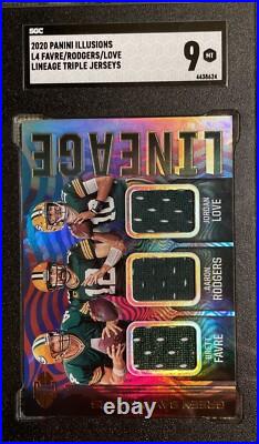 2020 Panini Illusions Lineage Triple Jerseys Favre/Rodgers/Love (Rookie) 9 SGC