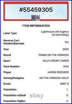 AARON RODGERS 2020 Panini Card #OH3 ON THE HORIZON GOLD #/10 PSA 9 POP 3