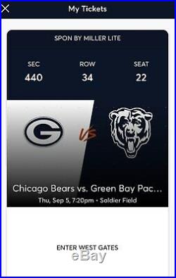 Chicago Bears vs Green Bay Packers- (2) Tickets 9/5/19 Aisle Seats, Prime Time