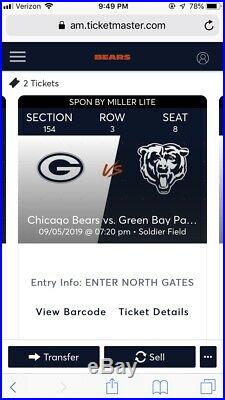 Chicago Bears vs Green Bay Packers at Soldier Field 9/5/19 (2 TICKETS) SEC 154