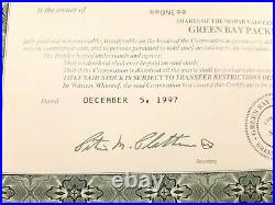 GENUINE Vtg GREEN BAY PACKERS INC. 1 Common Stock Certificate December 5th, 1997