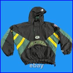 Green Bay Packers 1990s NFL Hooded Vintage Starter Black Jacket Size Large