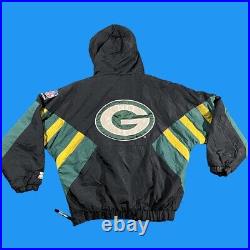 Green Bay Packers 1990s NFL Hooded Vintage Starter Black Jacket Size Large