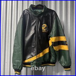 Green Bay Packers Jacket Mens 2XL Leather Green Black NFL Football Full Zip