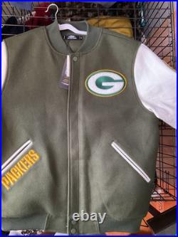 Green Bay Packers Varsity Jacket Green White Embroidered Logo NWT Green Bay Packers Varsity Jacket Green White Embroidered Logo NWT
