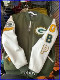 Green Bay Packers Varsity Jacket Green White Embroidered Logo NWT Green Bay Packers Varsity Jacket Green White Embroidered Logo NWT