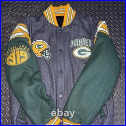 Green Bay Packers Wool Varsity Jacket Reversible Puffer Sz Large NFL Embroidered Green Bay Packers Wool Varsity Jacket Reversible Puffer Sz Large NFL Embroidered
