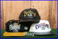 Lot of 10 Vintage 90's Green Bay Packers Leather Snap Strap Back Baseball Hats