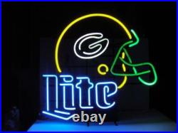 Miller Lite Green Bay Packers Helmet 20x16 Neon Light Sign Lamp Beer Bar Glass