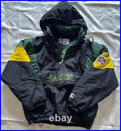 VTG Starter Pro Line Mens Green Bay Packers 1/4 Zip Pullover Hood Jacket Sz XL