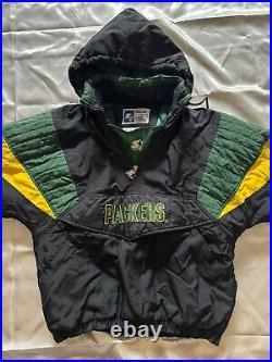 VTG Starter Pro Line Mens Green Bay Packers 1/4 Zip Pullover Hood Jacket Sz XL