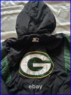 VTG Starter Pro Line Mens Green Bay Packers 1/4 Zip Pullover Hood Jacket Sz XL