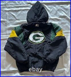 VTG Starter Pro Line Mens Green Bay Packers 1/4 Zip Pullover Hood Jacket Sz XL