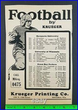 Vintage 1936 Green Bay Packers Marquette Wisconsin Paper Flyer Football Schedule