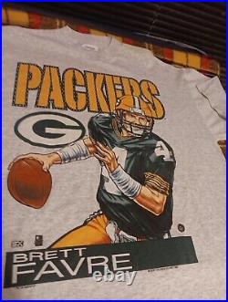 Vintage 90s Brett Favre Green Bay Packer 1995 MVP Portrait Gray T-Shirt NFL Sz L