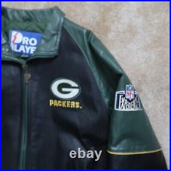 Vintage Pro Player NFL Green Bay Packers Black Leather Jacket Men's XL