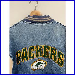 Vtg 90s Green Bay Packers Arch Spellout Varsity Jacket Denim