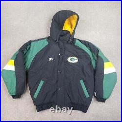 Vtg Green Bay Packers Starter Jacket Mens Medium Black Full ZIp Puffer Hooded