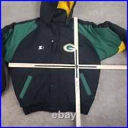 Vtg Green Bay Packers Starter Jacket Mens Medium Black Full ZIp Puffer Hooded